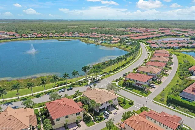 an aerial view of a with a ocean view