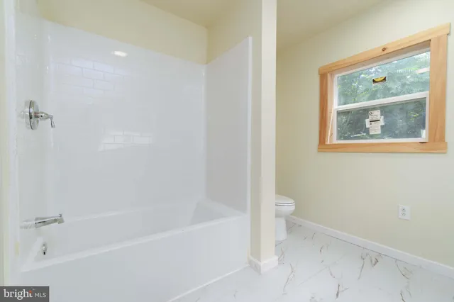 a bathroom with a bathtub and a toilet