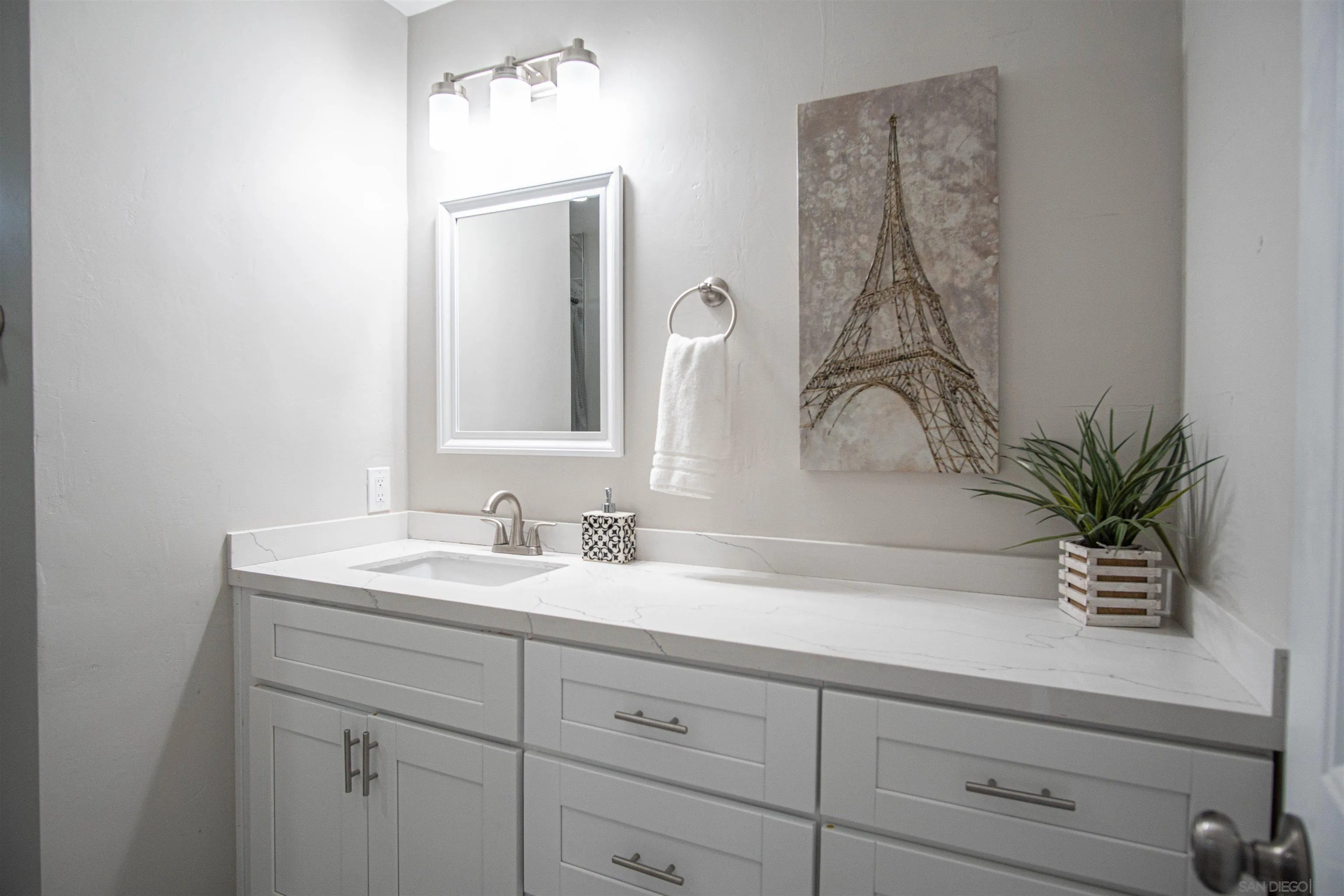 3747 Vista Campana South, Unit 43 Oceanside, CA 92057 - Photo 23 of 30 a bathroom with a sink a potted plant and a mirror
