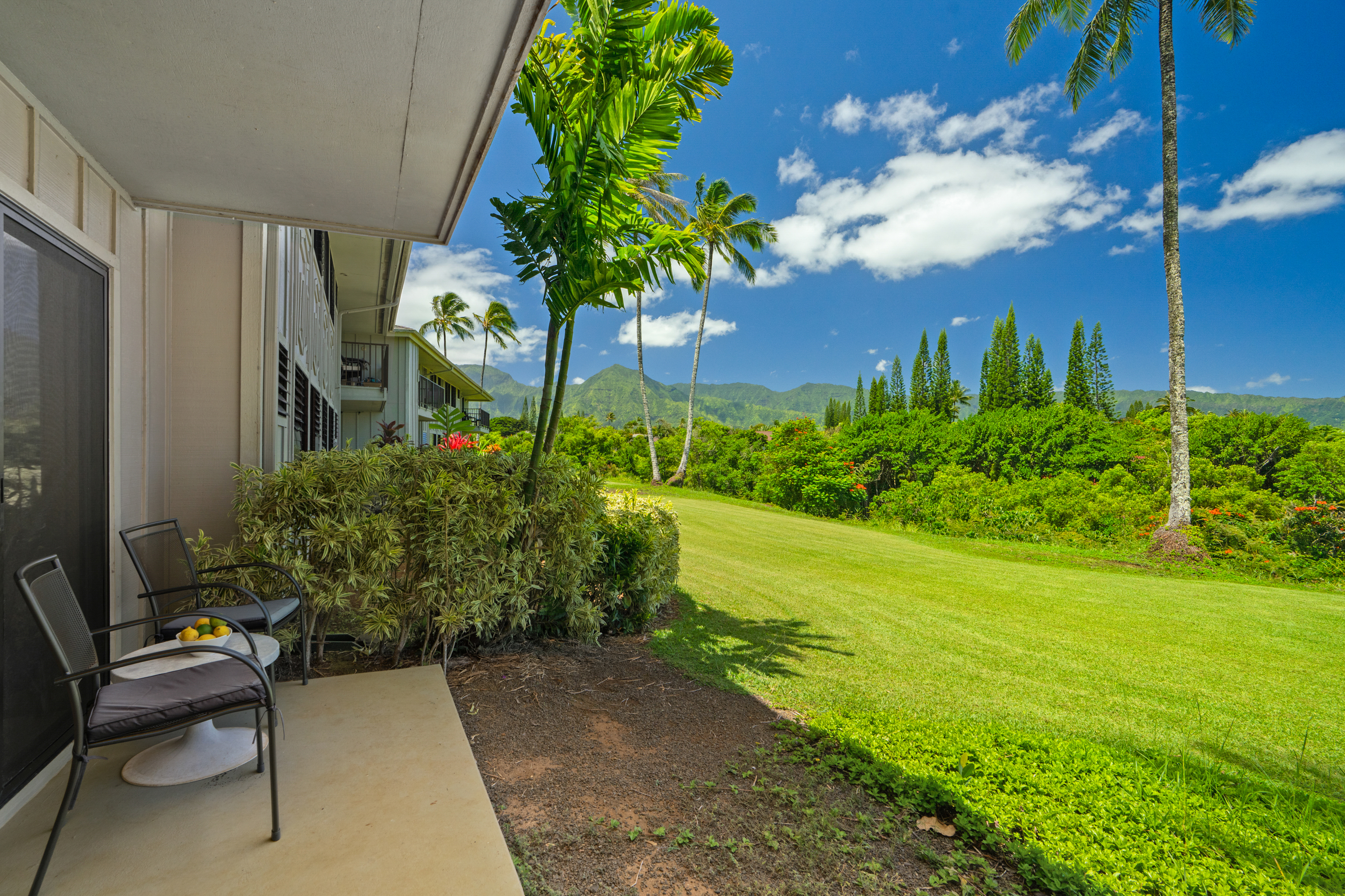 3830 Edward Road, Unit 12D Princeville, HI 96722 - Photo 23 of 30 a view of a chair and tables in the backyard of the house