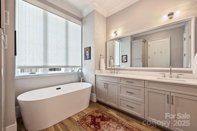 a bathroom with a tub a double vanity sink and mirror
