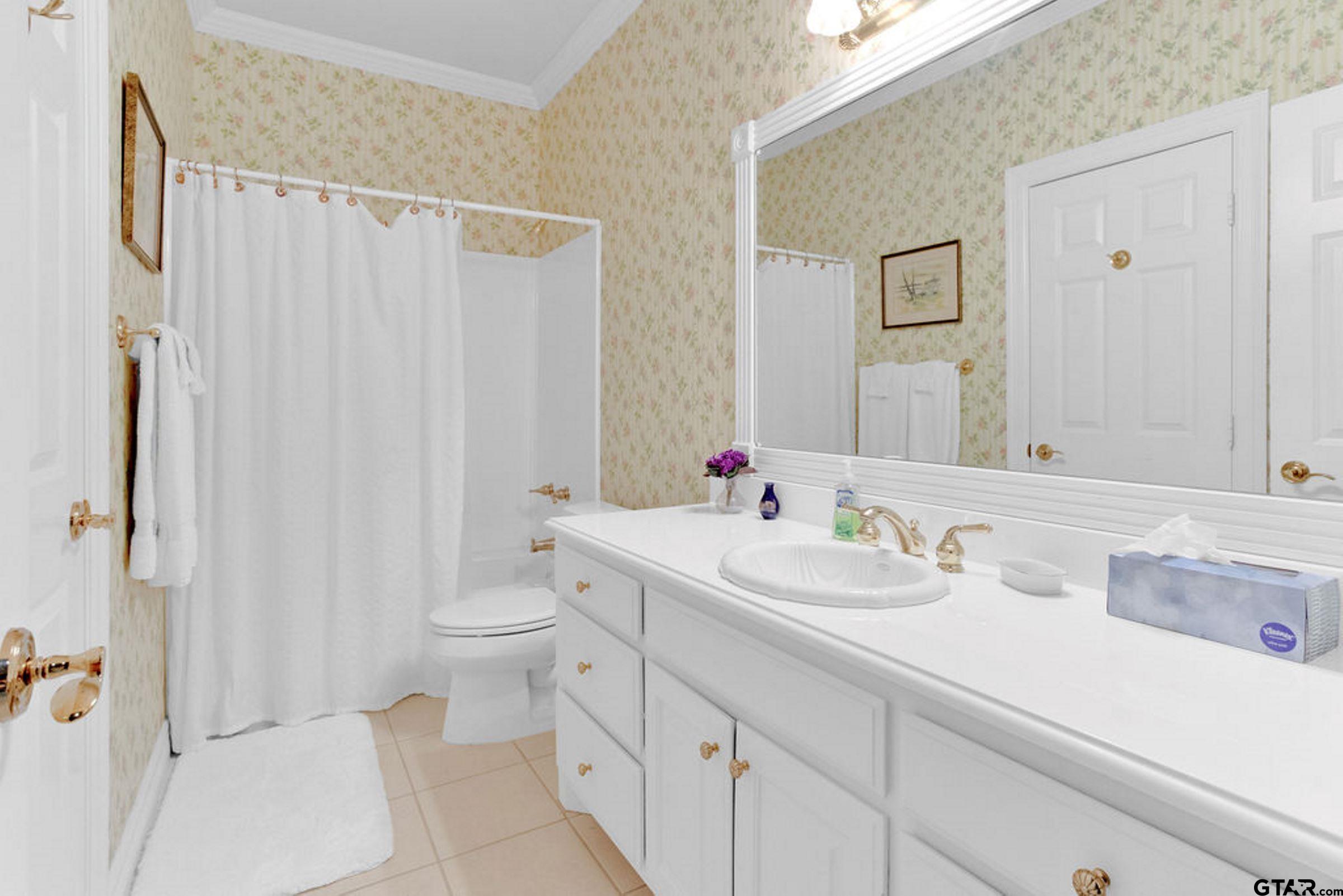 408 East Jolly Street Palestine, TX 75801 - Photo 34 of 48 a bathroom with a sink a toilet and shower curtain