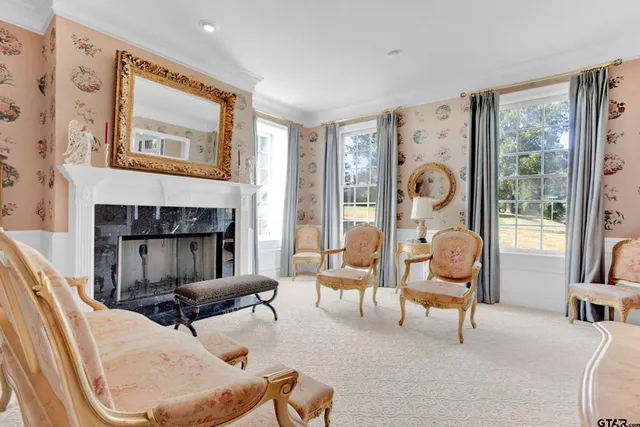 a living room with furniture and a fireplace