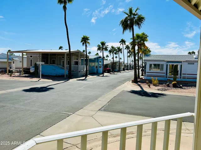 a view of a swimming pool with a chair and palm trees
