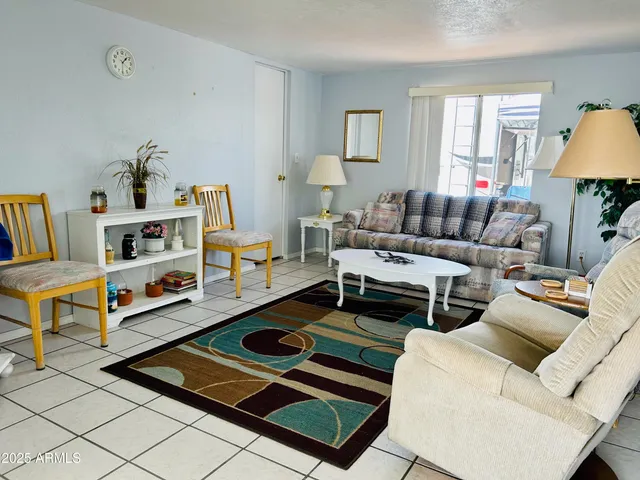 a living room with furniture a rug and a window