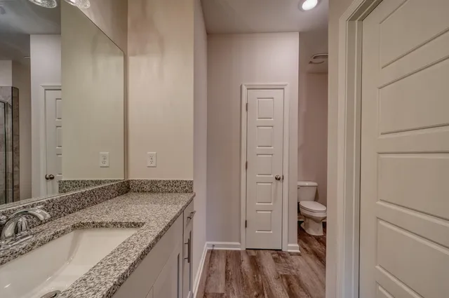 a bathroom with a granite countertop sink and a mirror