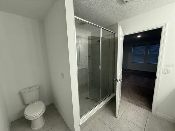 a bathroom with a shower and a toilet