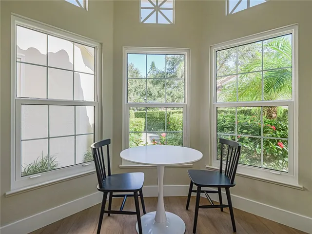 a view of a dining room with furniture window and wooden floor