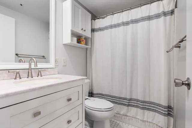 a bathroom with a sink a toilet and shower curtain
