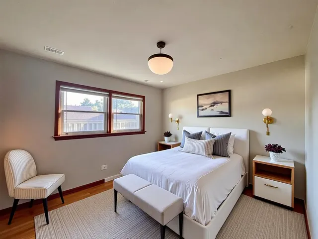 a bedroom with a bed and a chair