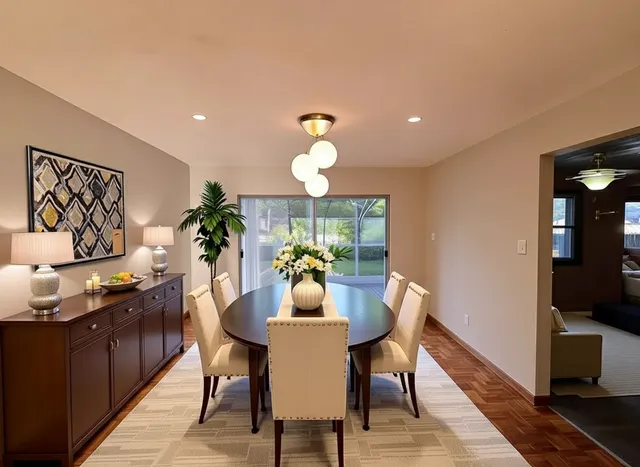 a view of a dining room with furniture a chandelier and wooden floor