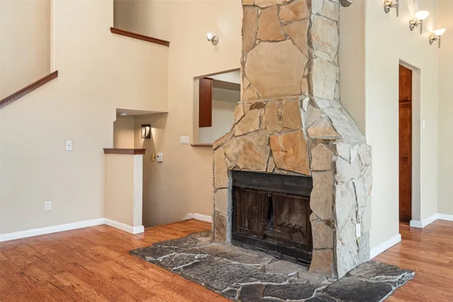a view of an entryway with fireplace
