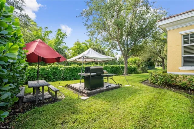 a garden view with a seating space