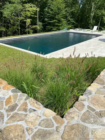 a view of a swimming pool with a yard