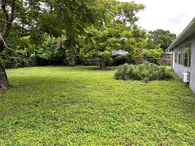 a backyard of a house with plants and large tree
