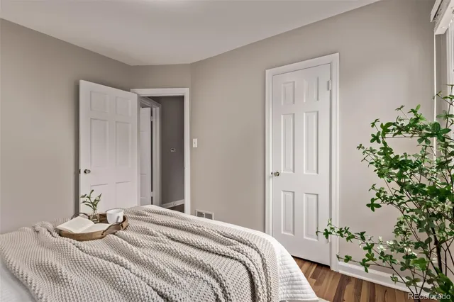 a bedroom with a bed and a plant