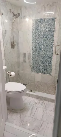 a bathroom with a toilet and a shower