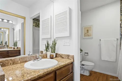 a bathroom with a granite countertop sink toilet and shower