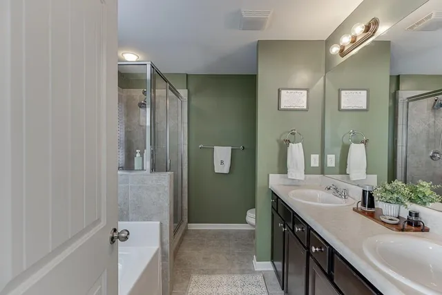 a bathroom with a double vanity sink a mirror and a shower