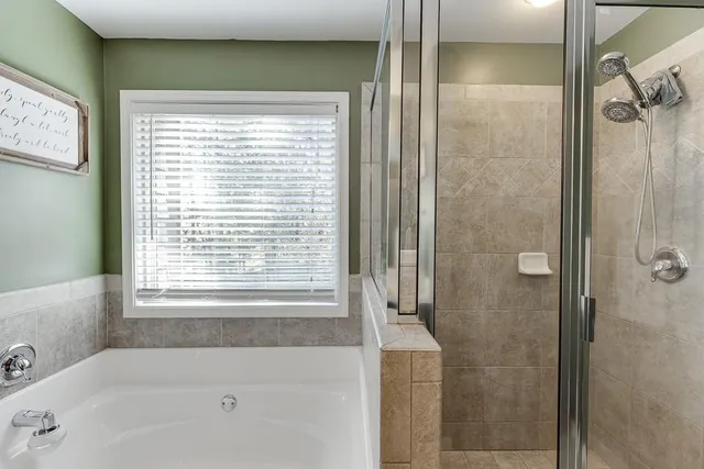 a bathroom with a bathtub and a shower