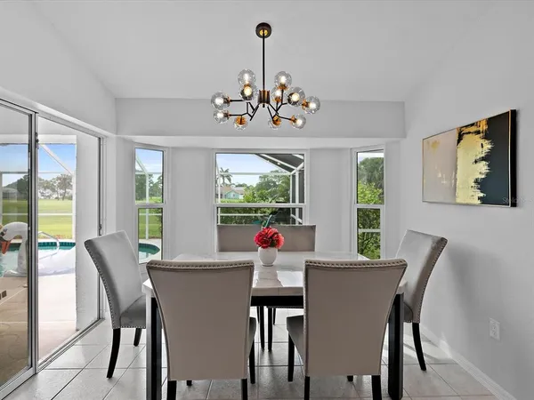 a view of a dining room with furniture window and outside view