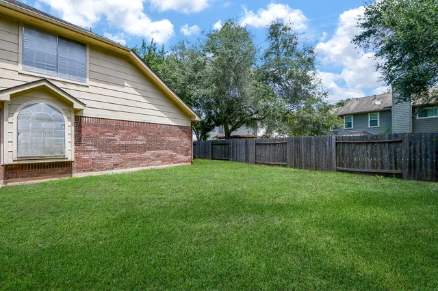 a view of a backyard with a garden and tree