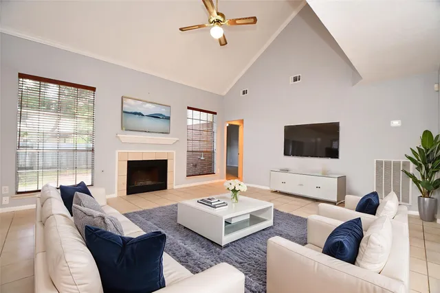 a living room with furniture a fireplace and a flat screen tv