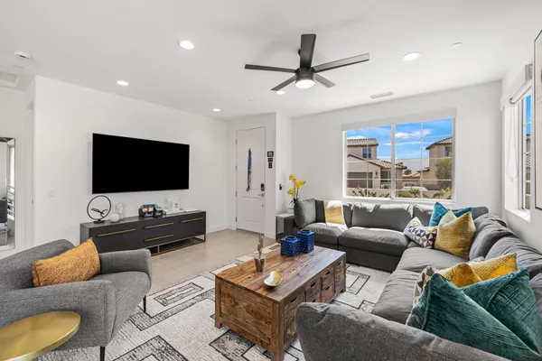 a view of a dining room with furniture window and outside view