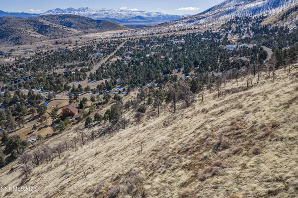 a view of a dry yard with mountains and a mountain view in the back