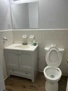 a bathroom with a toilet sink and mirror