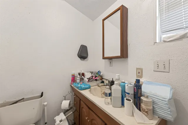 a bathroom with a sink toilet and mirror
