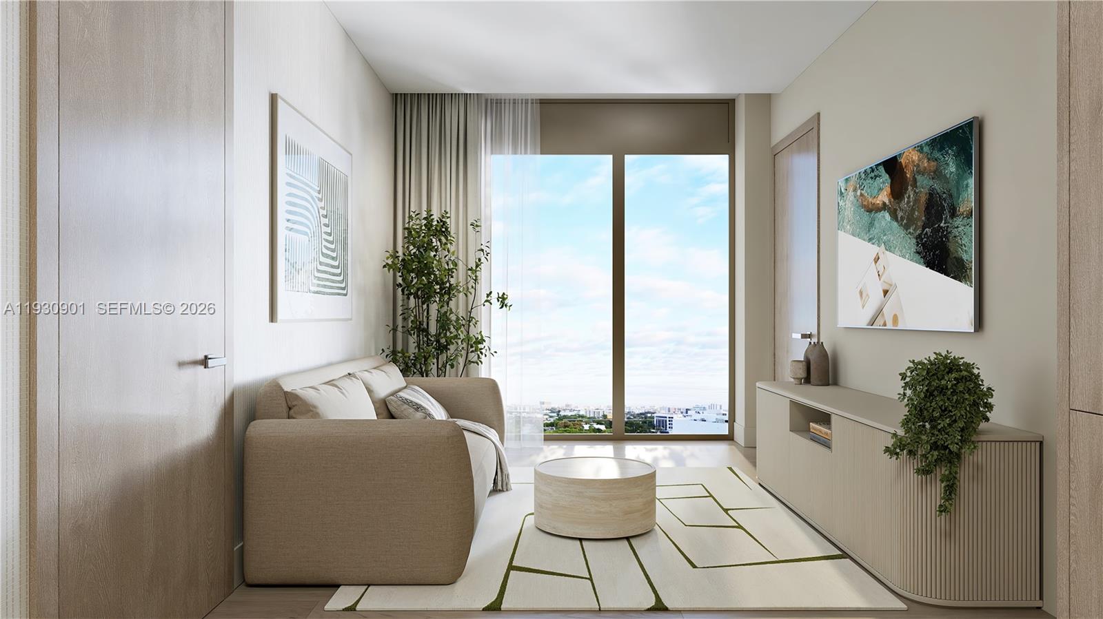 1741 Southwest 2nd Avenue, Unit 520 Miami, FL 33129 - Photo 3 of 20 a living room with a balcony a bed and a large mirror