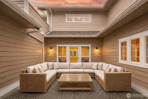 a building outdoor space with patio furniture