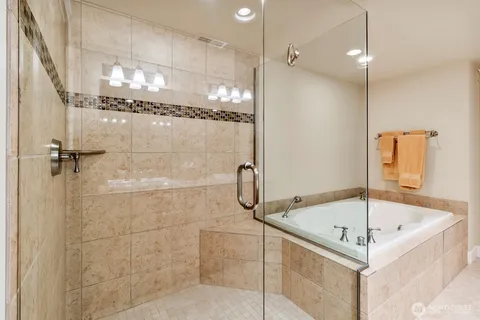 a bathroom with a bath tub and shower