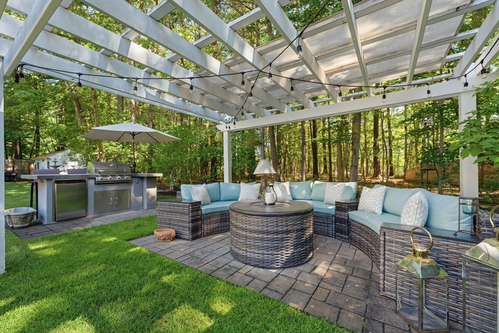 25 Haymeadow Road Boxford, MA 01921 - Photo 38 of 42 a living room with patio furniture and a fountain