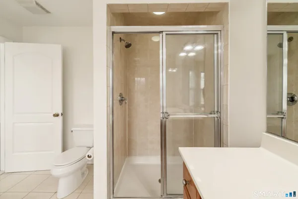 a bathroom with a shower and a toilet