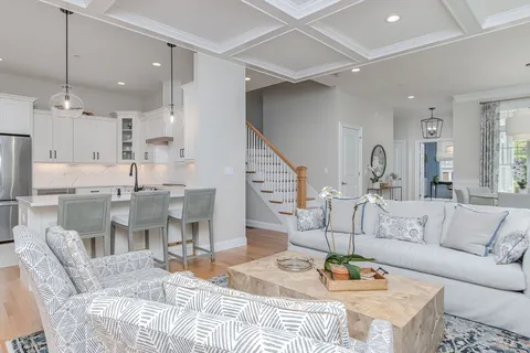 a living room with furniture and a dining table with kitchen view