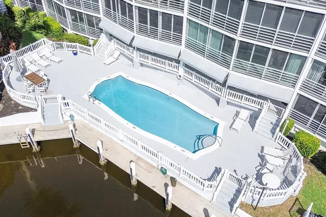 a view of a building from a patio