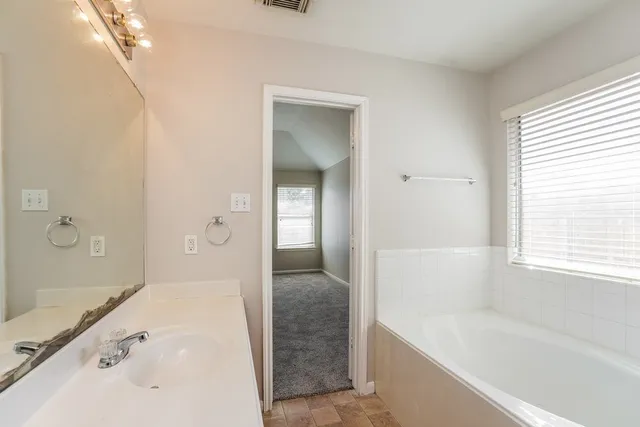 a bathroom with a tub sink and mirror