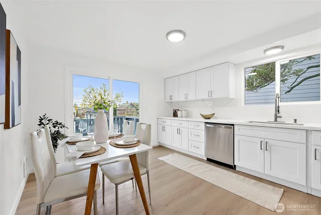 a kitchen with white cabinets stainless steel appliances and sink