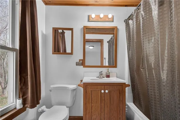 a bathroom with a toilet sink vanity and mirror