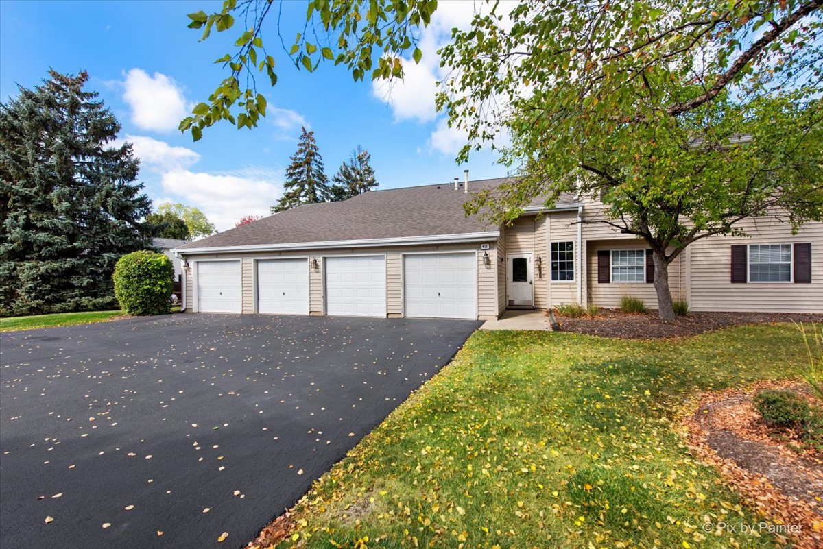 a view of a yard in front of a house with large tree