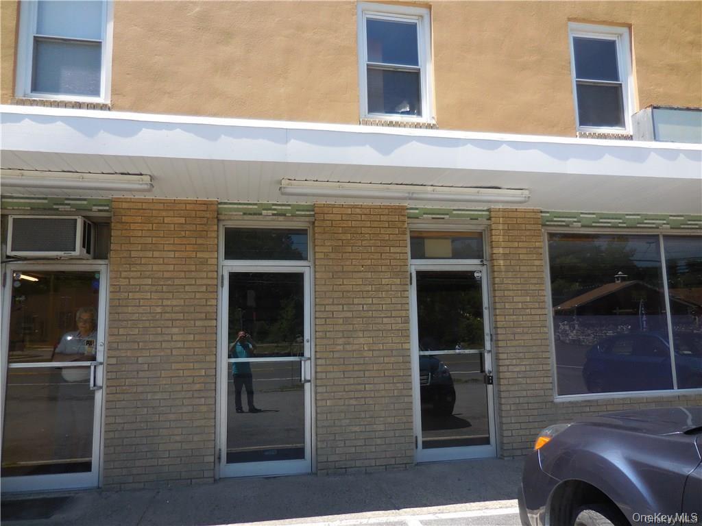 a front view of a building with a door