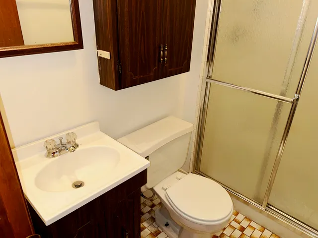 a bathroom with a sink a toilet a shower and a mirror