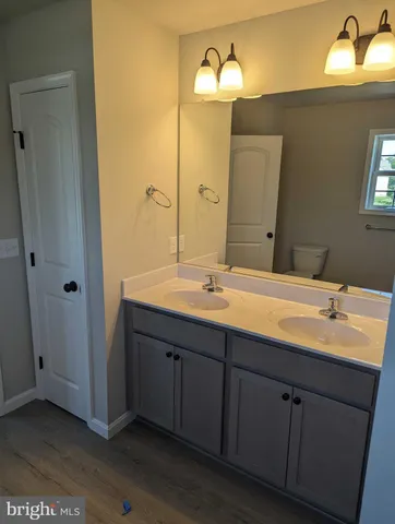 a bathroom with a double vanity sink and a mirror
