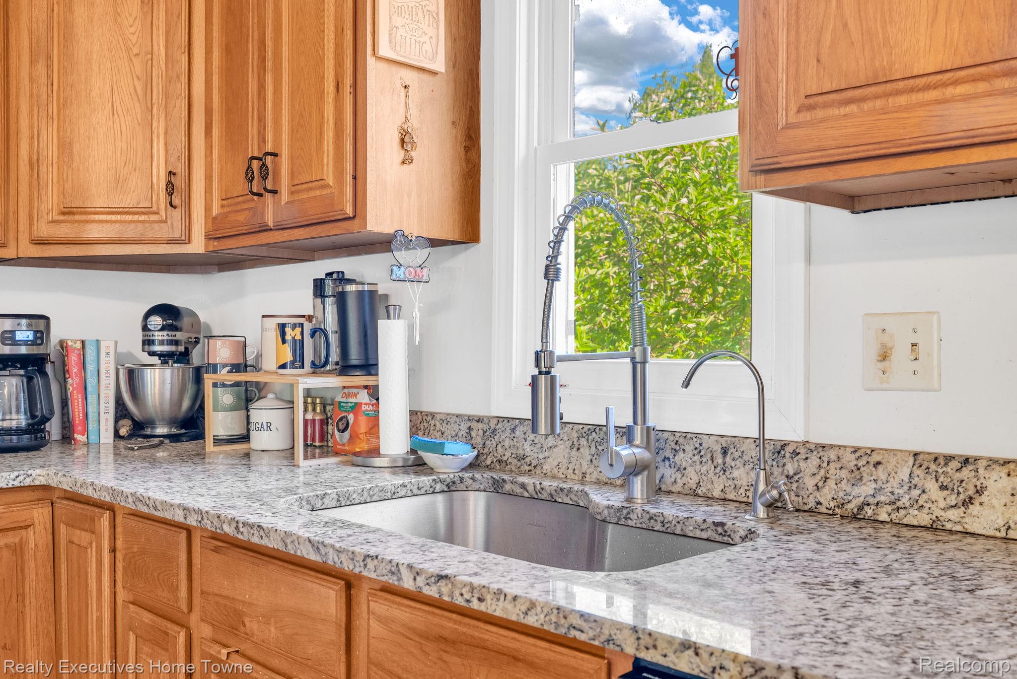 6560 Roach Road Lexington, MI 48450 - Photo 16 of 36 Kitchen featuring wood cabinetry, speckled countertop, stainless steel sink, and a modern pull-down faucet with an additional filtration faucet