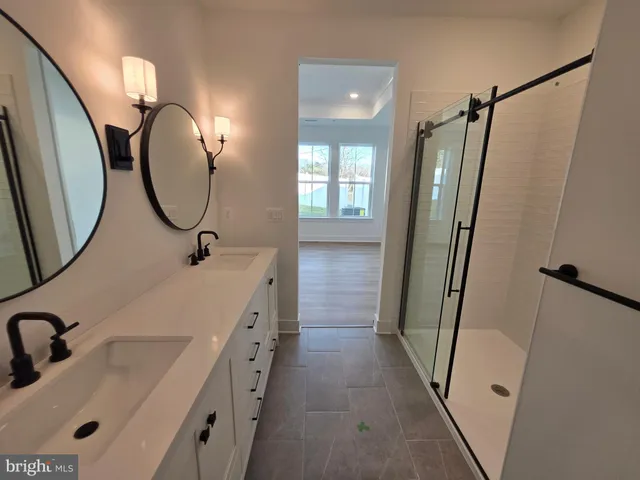 a bathroom with a double vanity sink a toilet a mirror and shower