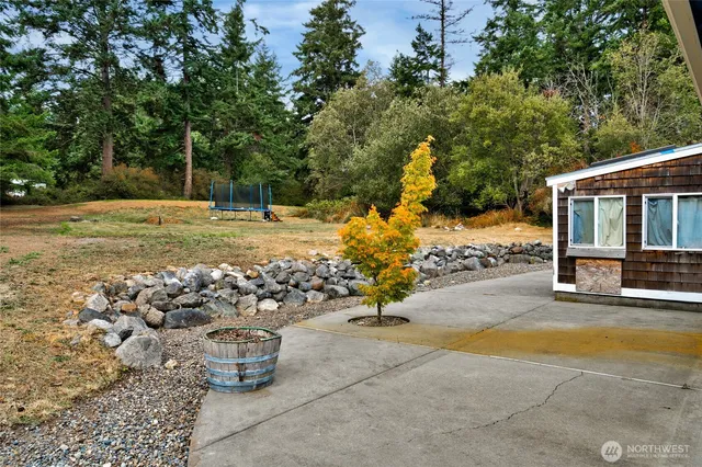 a view of a backyard with swimming pool
