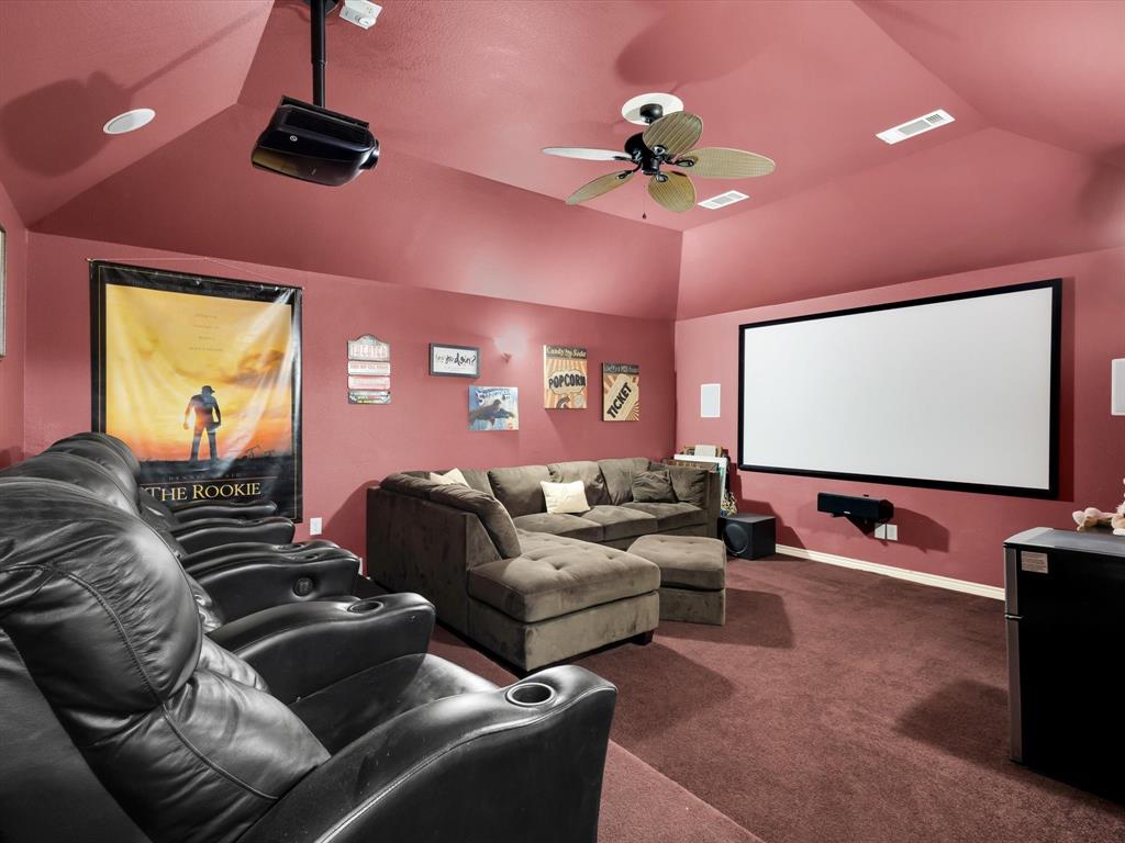 1803 Timber Ridge Drive Frisco, TX 75036 - Photo 33 of 40 Carpeted cinema featuring lofted ceiling and a ceiling fan