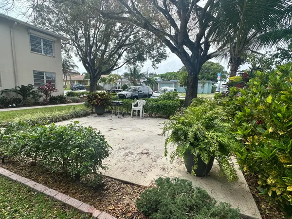a view of backyard with table and chairs and a large tree